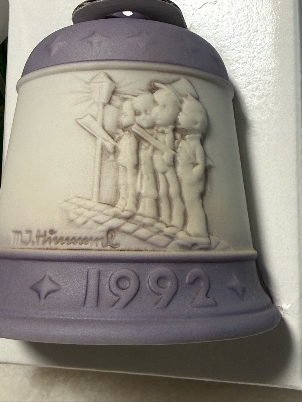 M.J. Hummel Christmas Bell Series 1992 4th Ed Porcelain Purple/White Boxed